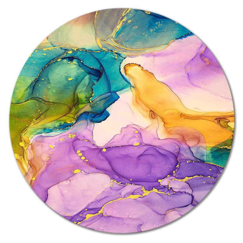 Designart 'Purple Yellow And Green Liquid Art' Modern Metal Circle Wall Art - 29x29 - Disc of 29 Inch