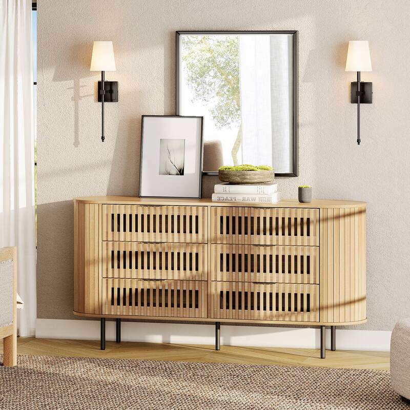 WAMPAT Fluted 6 Drawers Dresser,63" Wide Chest of Drawer - Oak