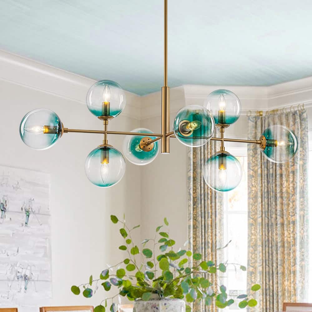 Modern 8-Light Gradient Blue Glass Bubble Linear Sputnik Chandelier