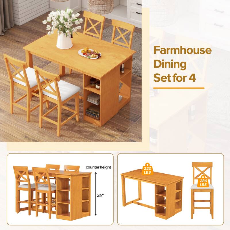 60"x30" Solid Wood Farmhouse 5-Piece Dining Set with Storage Shelves & Counter-Height Table, 4 Upholstered Chairs