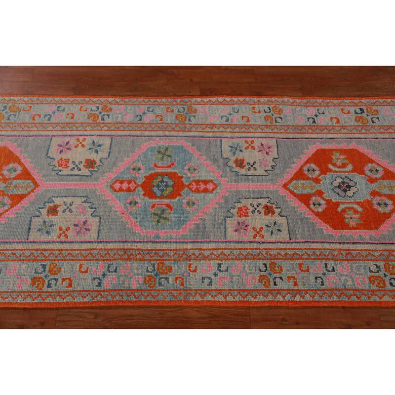 Hand Knotted Oriental 100% Wool Carpet Transitional Geometric Navy Blue & Blues Oushak Runner Rug - 14' 4'' X 3' 1''
