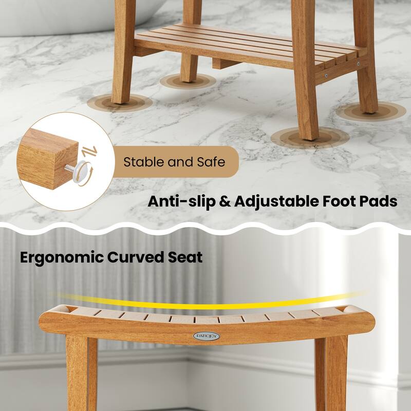 Gymax 30'' Large Teak Shower Stool w/ Storage Shelf Non-slip &