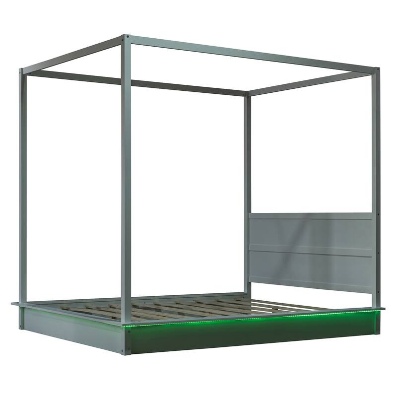 Queen Size Solid Wood LED Canopy Bed with 4-Post Frame and Headboard, Modern Floor Bed, Wooden Canopy Bed Frame for Bedroom
