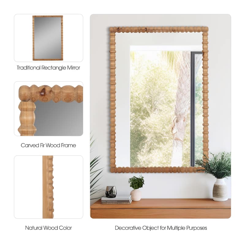 Sagebrook Home 30x44 Natural Carved Wood Wall Mirror with Fir Wood and MDF Frame for Stylish Reflections
