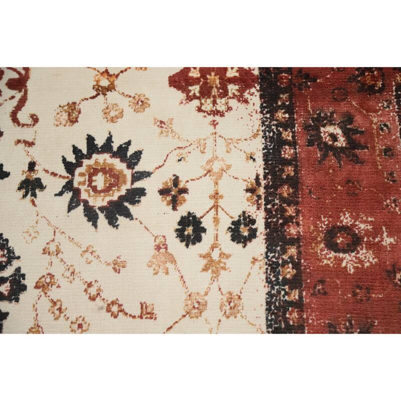 Hand Knotted Oriental Viscose Silk Carpet Transitional All-Over Beige & Ivories Oushak Area Rug - 7' 8'' X 5' 0''