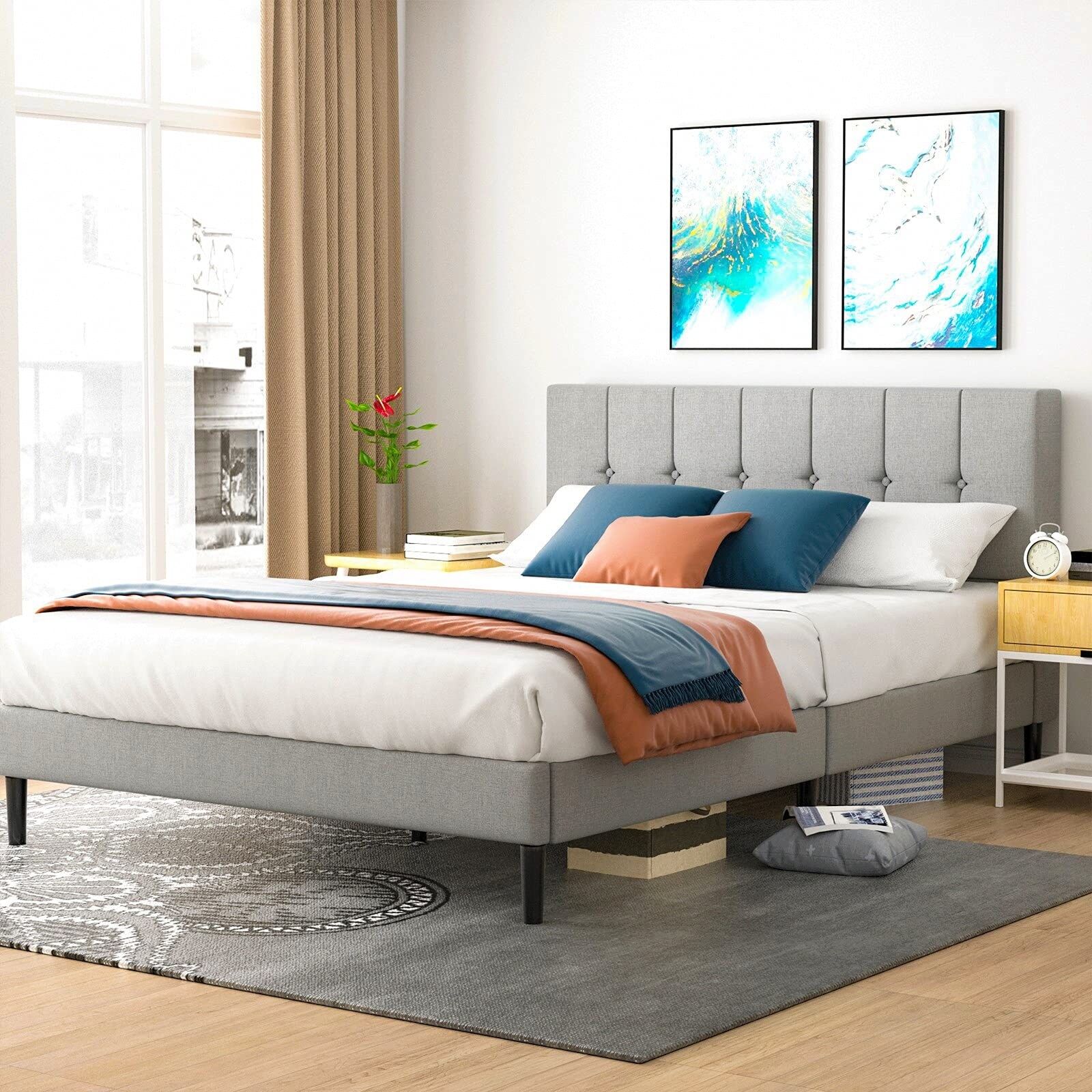 Queen Upholstered Platform Bed Frame with Button Tufted