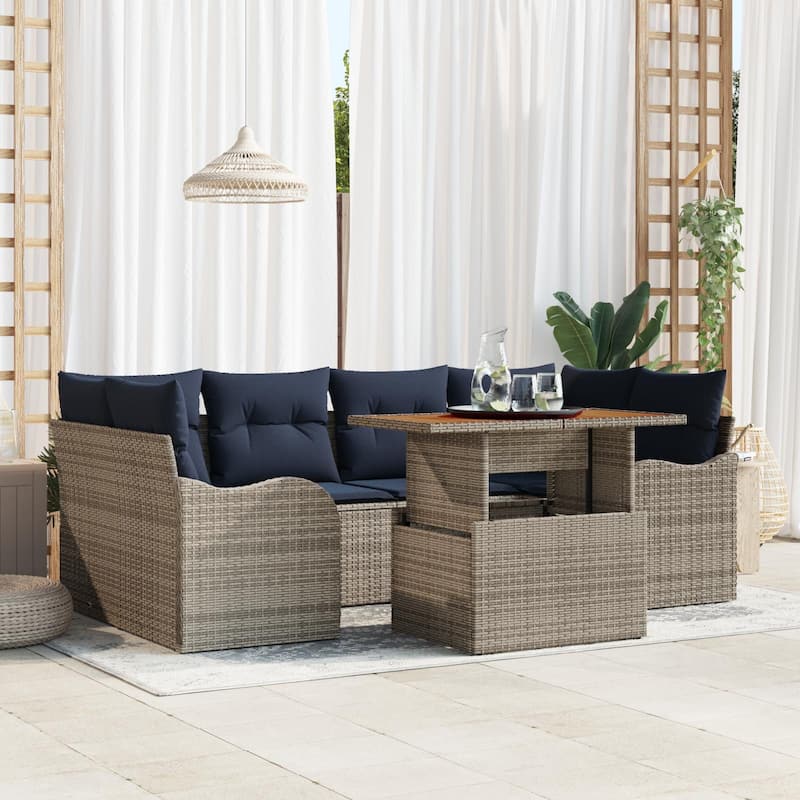 vidaXL 7 Piece Garden Sofa Set with Cushions Grey Poly Rattan Acacia - 92.1 x 48.2 x 27.2