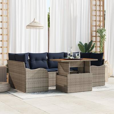 vidaXL 7 Piece Garden Sofa Set with Cushions Grey Poly Rattan Acacia - 92.1 x 48.2 x 27.2
