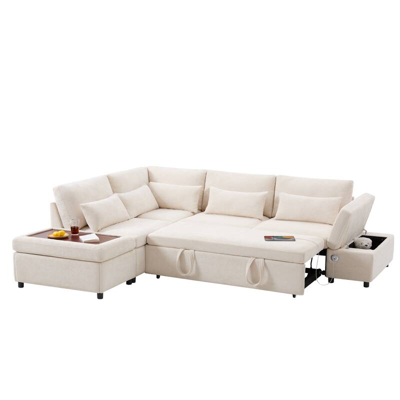 L-Shape Modular Chenille Sectional Sofa Convertible Sleeper Pull-out Sofa Bed with Dual-use Storage Ottoman and Charging Ports