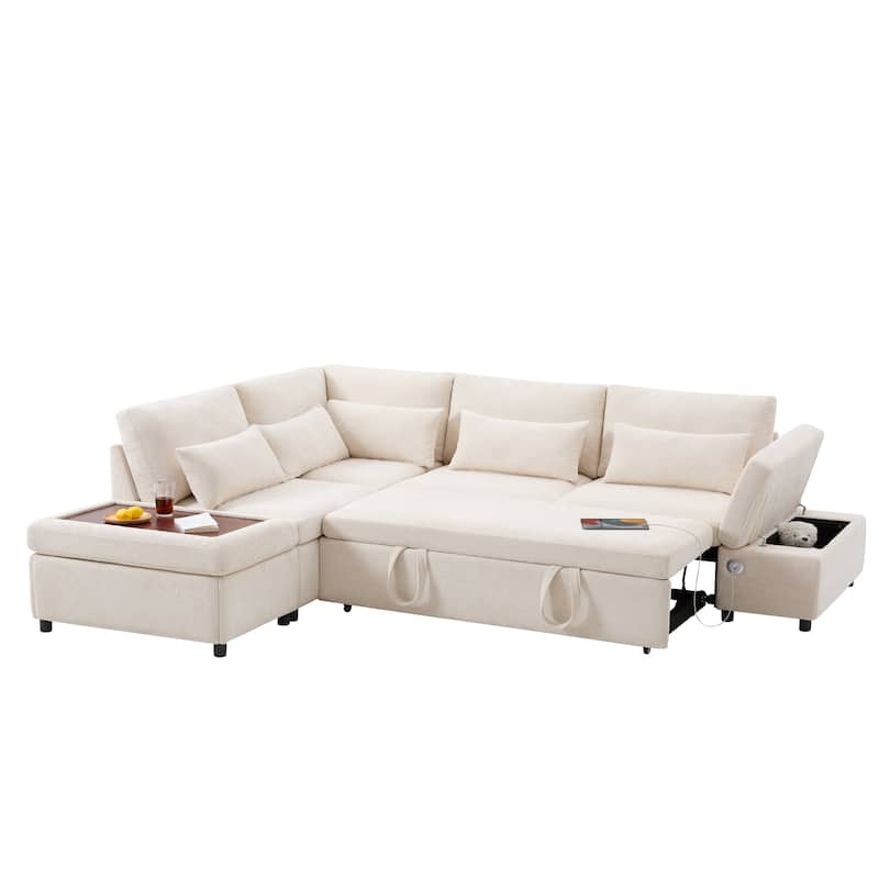 Modular Pull-Out Sectional Sofa Bed with Adjustable Charging Armrest and Storage Ottoman for Living Room Apartment