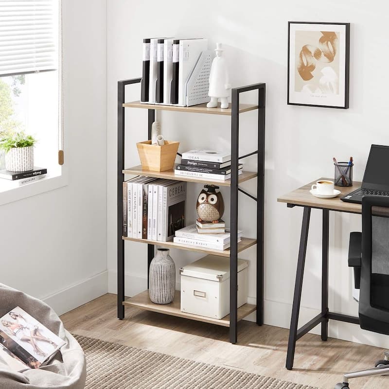 4-Tier Freestanding Vertical Storage Bookcase Shelf with Steel Frame and X-Shaped Bars - 25.9"L x 11.8"W x 47.2"H