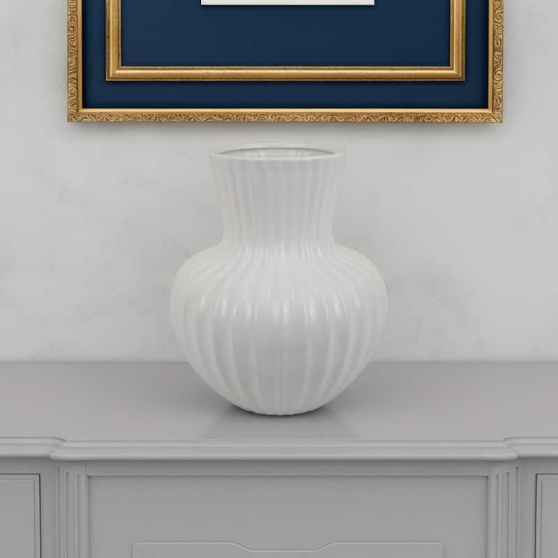 Decorative Vase, 14 Inch White Ceramic Body, Vertical Ribbed Pattern