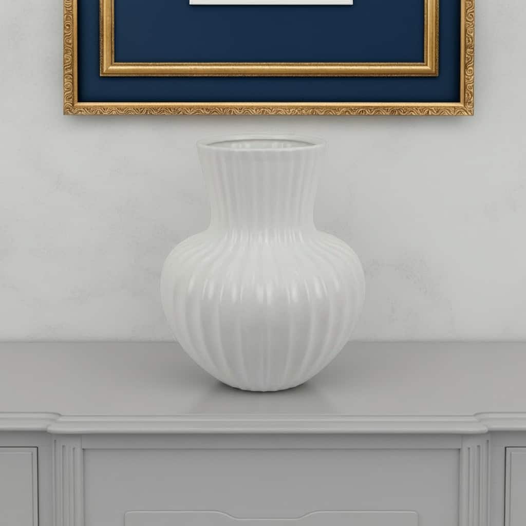 Decorative Vase, 14 Inch White Ceramic Body, Vertical Ribbed Pattern