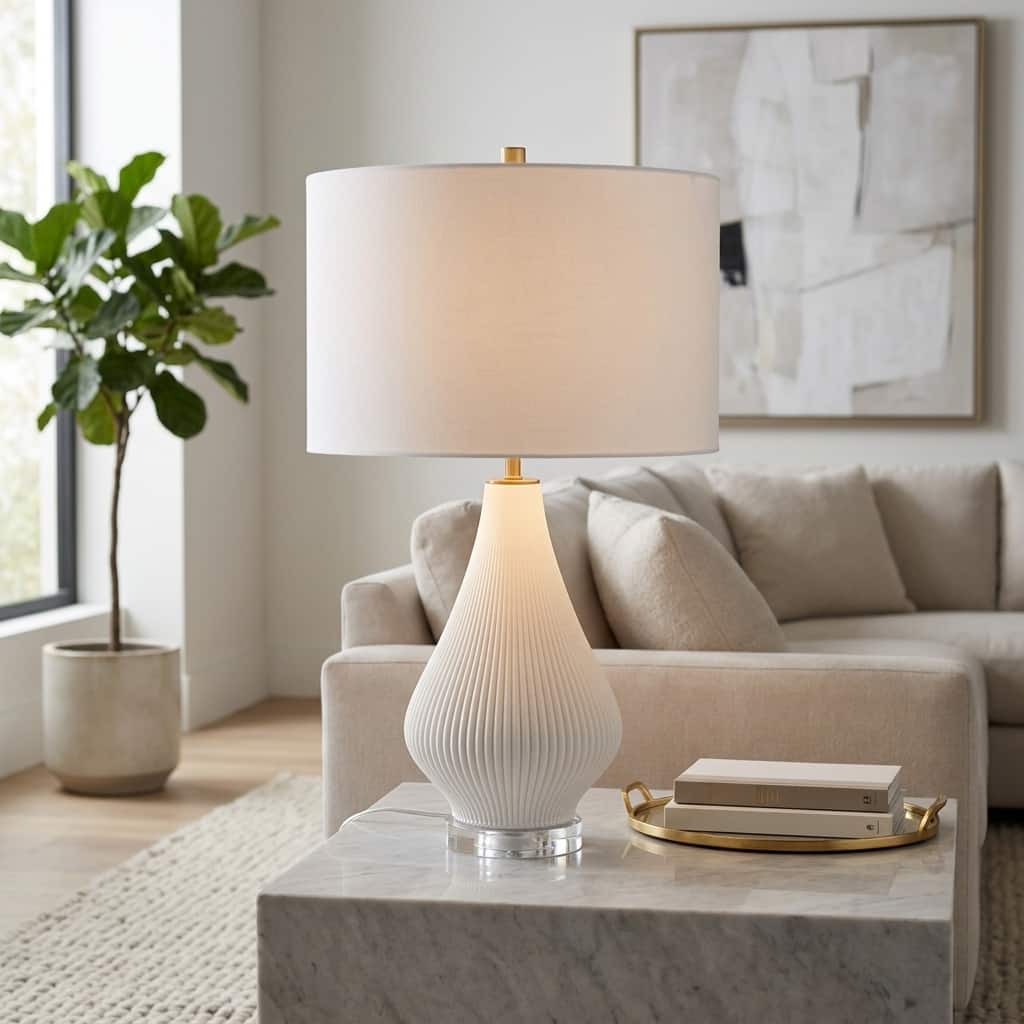Modern Porcelain Teardrop Table Lamp with Textured Linen Shade - 24" - 24.0"