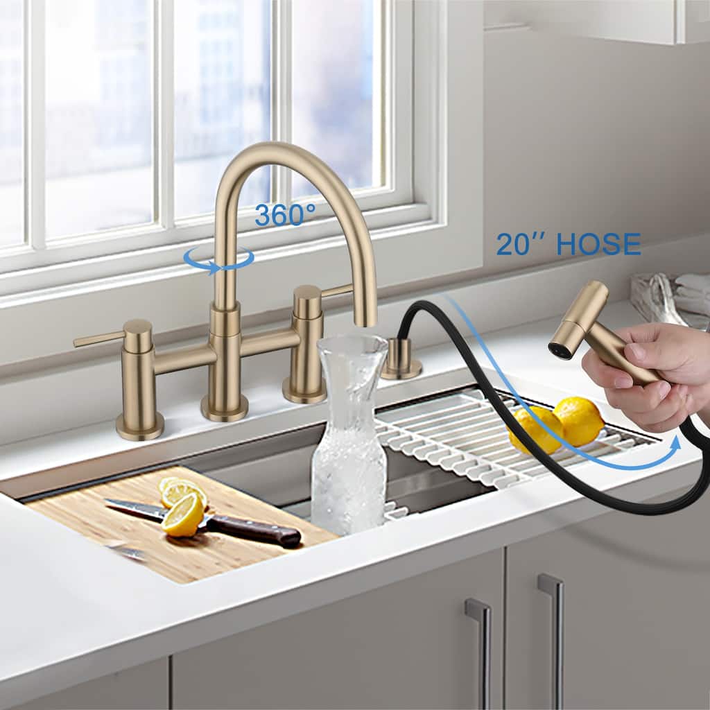 PROOX Double Handle Bridge Kitchen Faucet with Side Sprayer