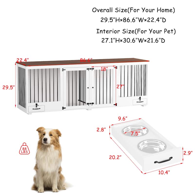 Dog Crate Furniture with Feeding Drawer and Divider, 86.6" Extra Large Indoor Dog Kennel for 2 Dogs,Pet Crate Sideboard