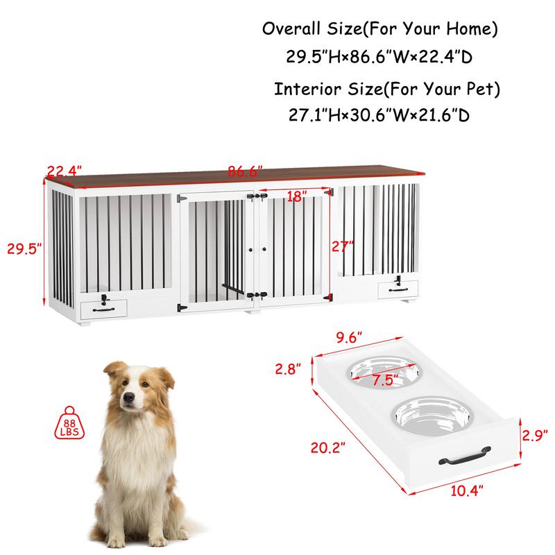 Wooden Dog Crate Furniture for 2 Large Dogs Indoor Pet Crate with Feeding Drawers Top Storage