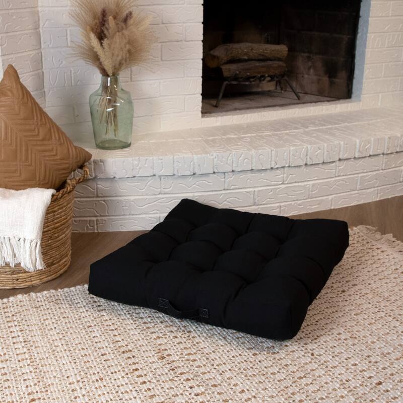Sorra Home Sunbrella Square Tufted Floor Pillow with Handle - Canvas Black