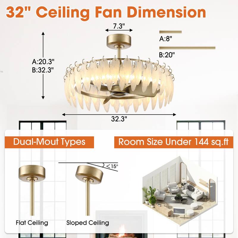 32" Rusted Silver Glass Feather 3-Blade Fandelier Caged Ceiling Fan with Light and Remote