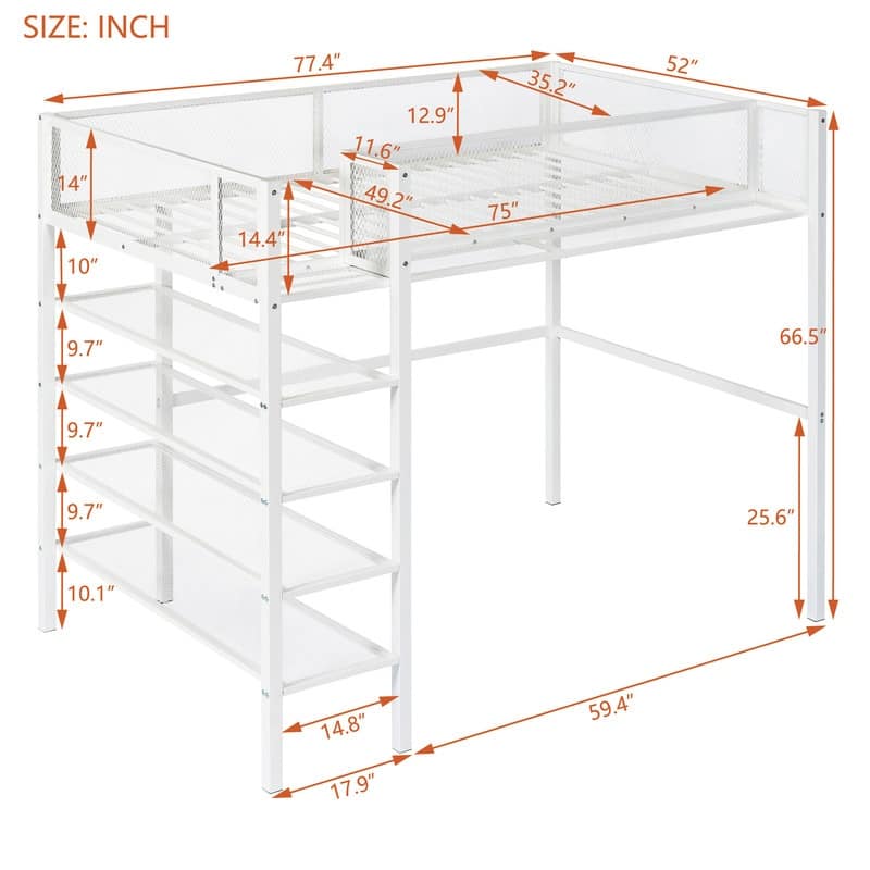 Twin Size Metal Loft Bed with 4-Tier Shelves and Storage
