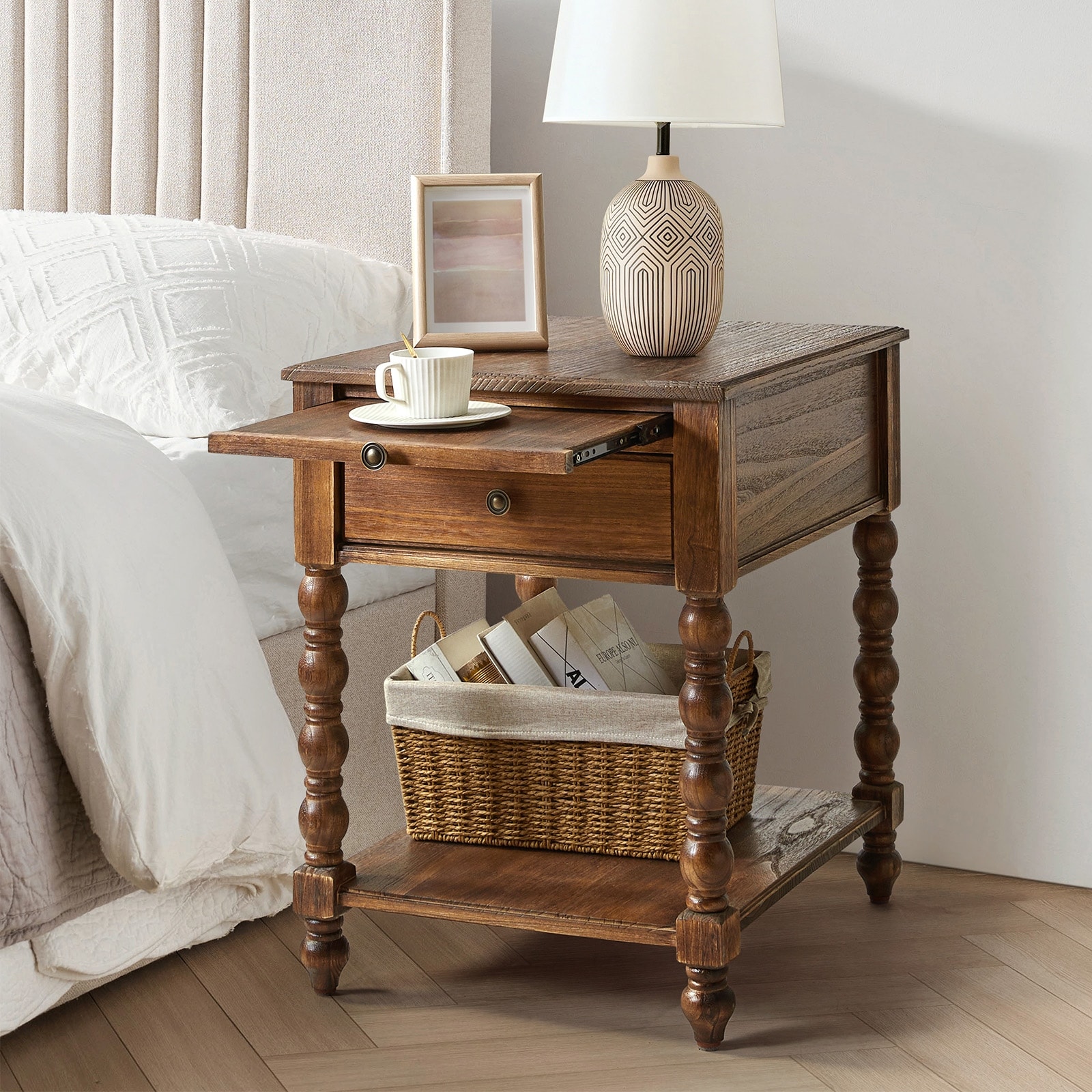 HULALA HOME Eric Traditional 26" Tall Solid Wood End Table with Built-in Charging Station and Extendable Tray