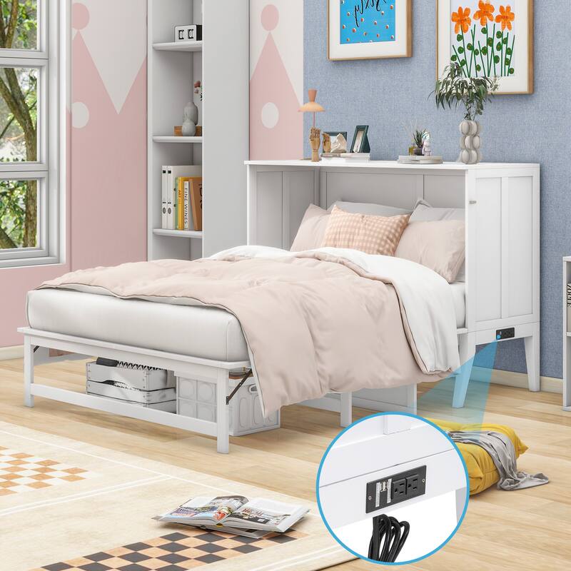 Roomfitters Queen Size Murphy Bed with Built-in Charging Station and Display Shelf, Space-Saving Wall Bed for Bedroom, White