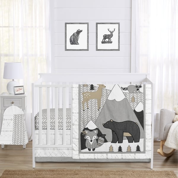 slide 2 of 6, Sweet Jojo Designs Beige Grey White Boho Mountain Animal Woodland Forest Friends Unisex Boy Girl 4-pc Nursery Crib Bedding Set
