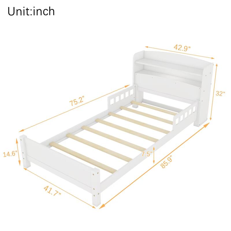 White Twin Pine Wood Bed with Bookcase Headboard, LED Motion Sensor Light, Guardrails