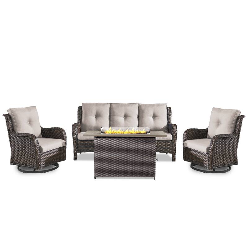 Fire Pit Table with Patio Glider Chairs Sofa Brown-Beige - Brown