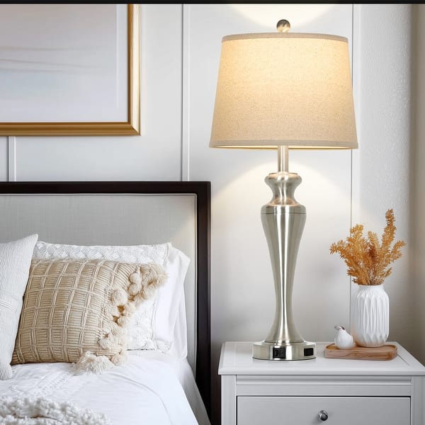 Modern Table Lamp Set Of 2 – Nightstand Lights With USB Ports & AC Outlet, Silver Base, White Shade, LED Bulbs Included