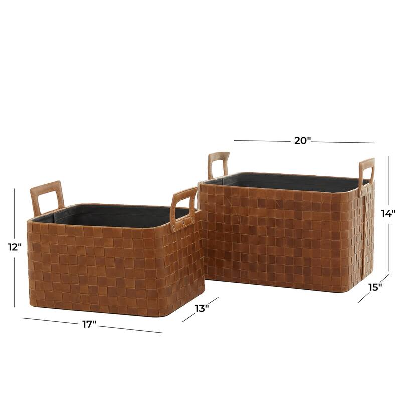 Sleek Leather Modern Storage Basket with Handles (Set of 2) - Dark Blue or Brown