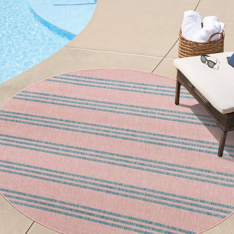 Outdoor Zrand Collection Area Rug - Pink and Aqua - 6'7" Round