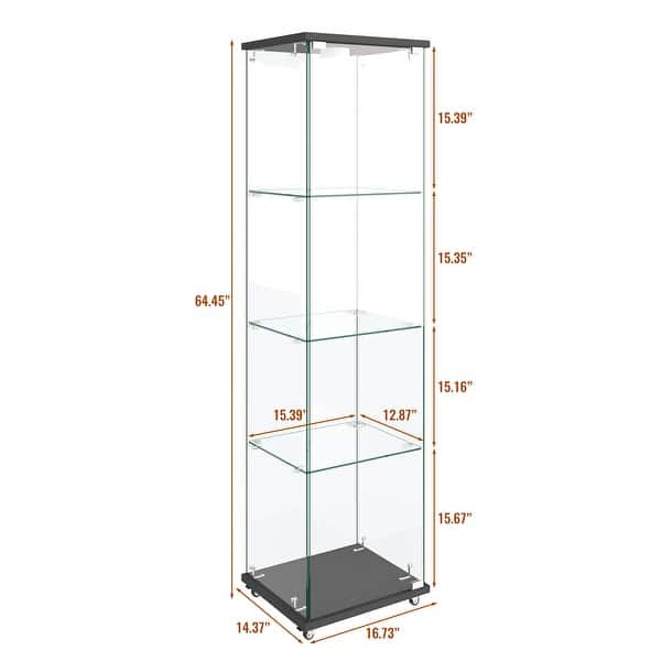 dimension image slide 2 of 24, Glass Display Cabinet with Doors & Locks, Acrylic Shelves, Floor Standing Storage Showcase for Home or Office