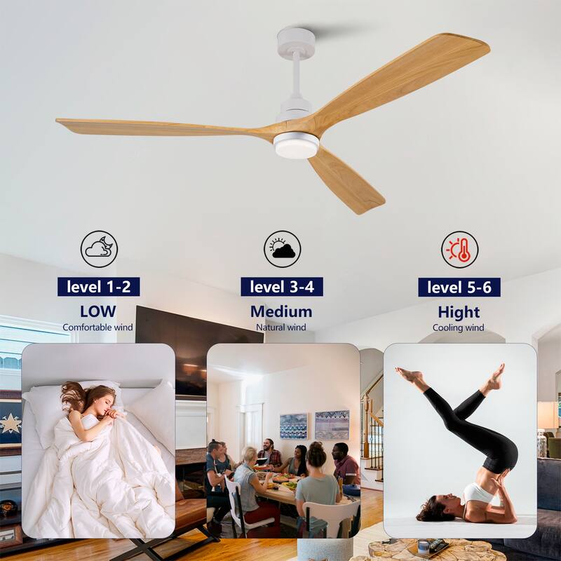 72 Inch Modern Ceiling Fan With 3 Color Dimmable 3 Solide Wood Blades Remote Control Reversible DC Motor With LED Light
