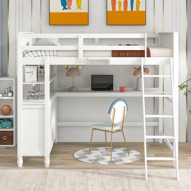 Full Size Wooden Loft Bed with Drawers, Desk, and Shelves in White