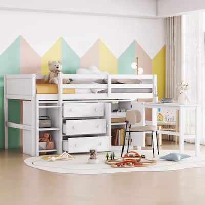 Twin Loft Bed with Pull-Out Desk, Drawers, Cabinet, and Shelves for Kids