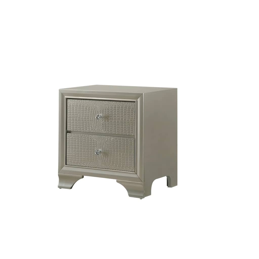 Modern Glam 1pc Champagne Nightstand w/ 2 Drawers & Embossed Crocodile Pattern for Bedroom