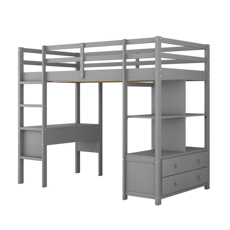 Pine Wood Loft Bed with Built-in Desk, Drawers, and Storage