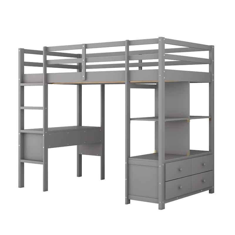Twin Size Kids Loft Bed with Desk, Storage, Ladder & Safety Guardrail