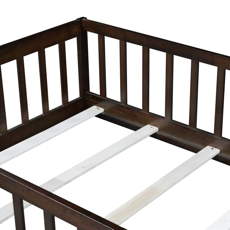 Rubber Wood Floor Bed with Fence and Door,Twin Size