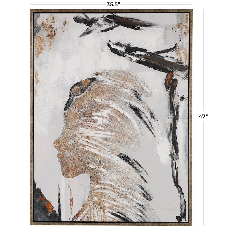 Brown Canvas Women's Profile Abstract Framed Wall Art with Gold Foil Details and Black Accents