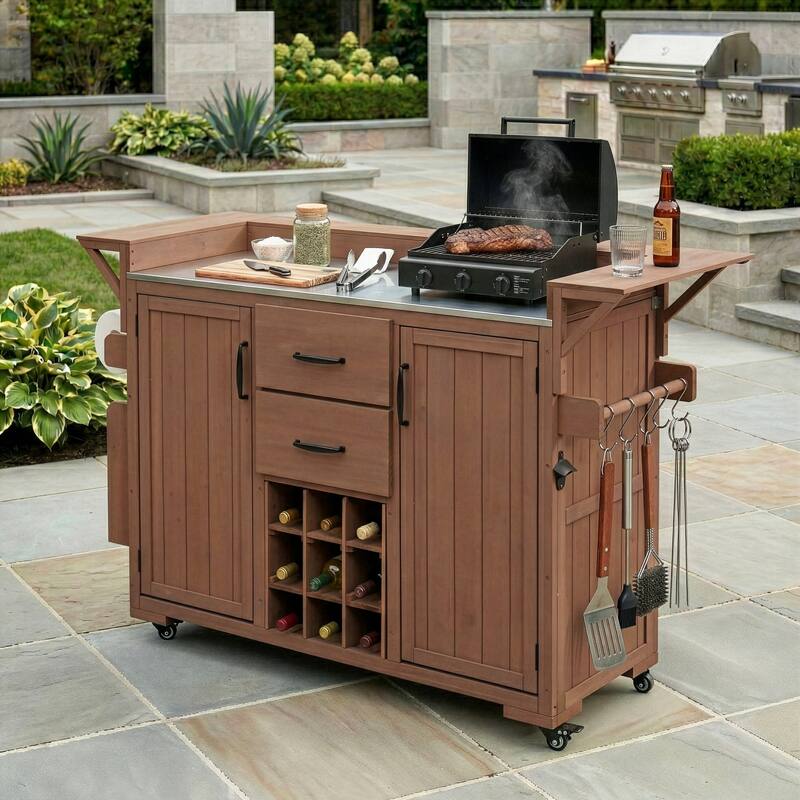 Modern 60.2" W Outdoor BBQ Kitchen Island with Wheels, Stainless Steel Top, Drawers, Spice Rack & Wine Rack