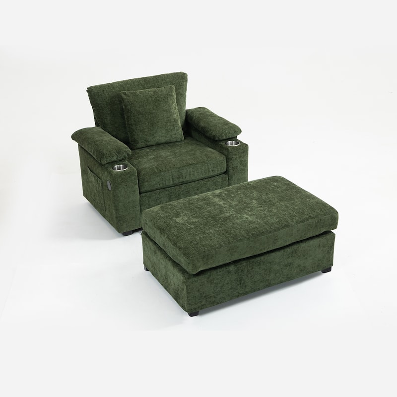 Modern 58" Oversized Chaise Lounger Armchair with Ottoman, Chenille Sleeper Sofa Couch with Charge Station & USB Ports