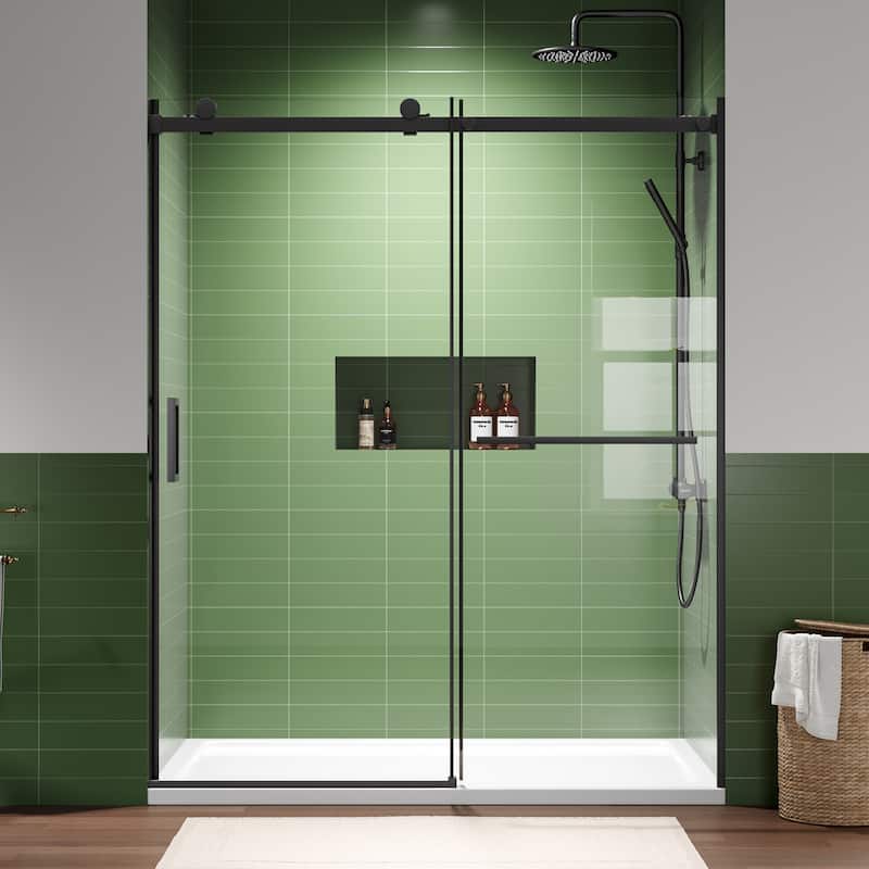 60x72 Single Sliding Shower Door, Slim Frame, 8mm Tempered Glass, Matte Black, 304 SS, 4 in Adjustable, Quiet Glide