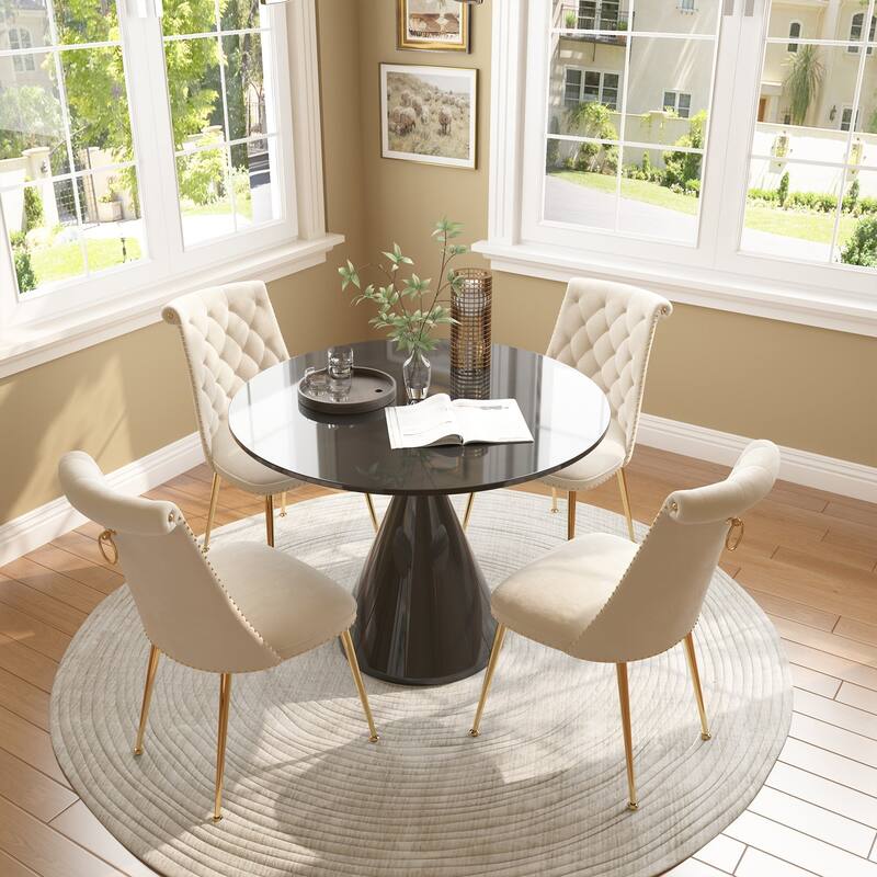 48" Light Luxury Black High Gloss Large Countertop Dining Table with Velvet Dining Chair Set