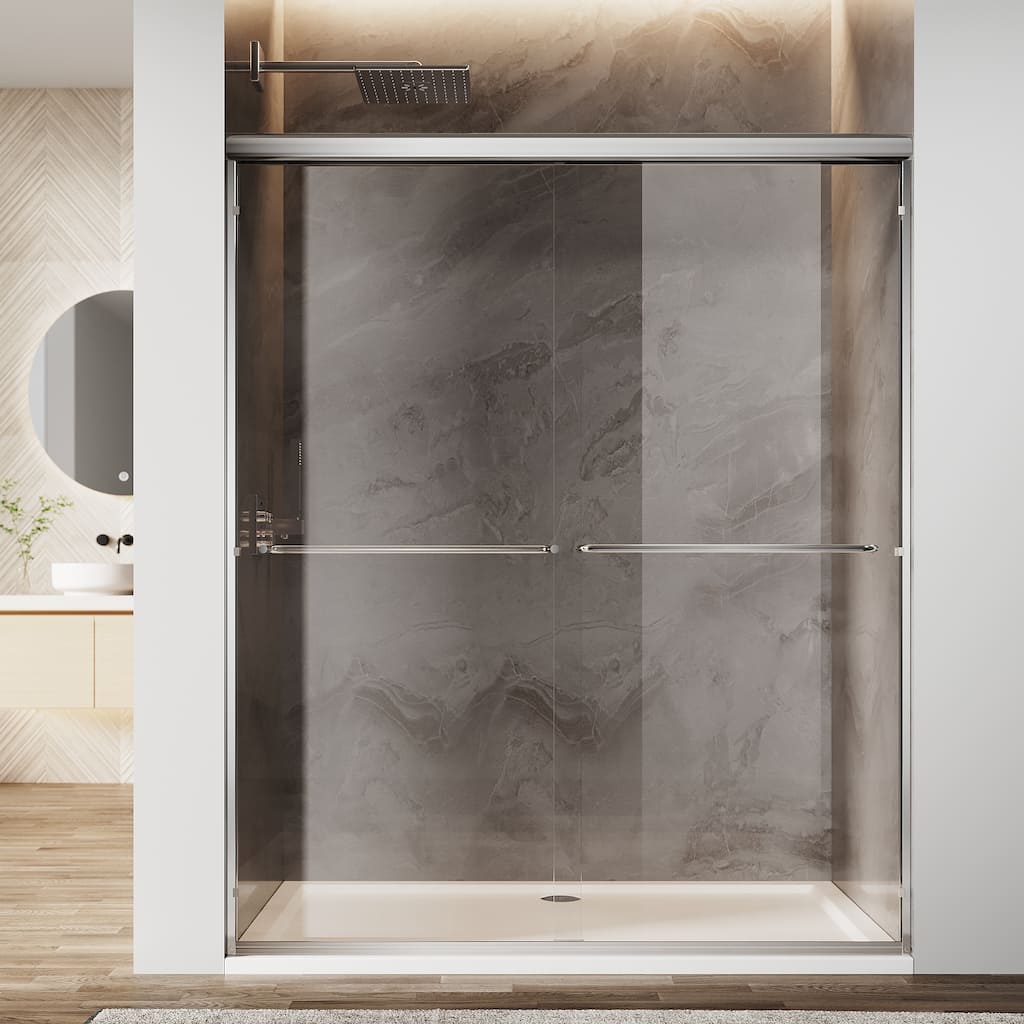 Sunny Shower Double Sliding Shower Door Bright Silver Finish Framed With 1/4 inch Clear Tempered Glass