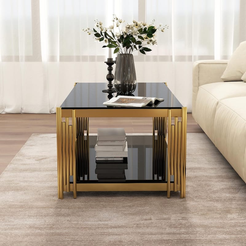 47 '' Rectangular 2 Layer Coffee Table, Modern Living Room Table with Tempered Glass Tabletop and Stainless Steel Metal Legs