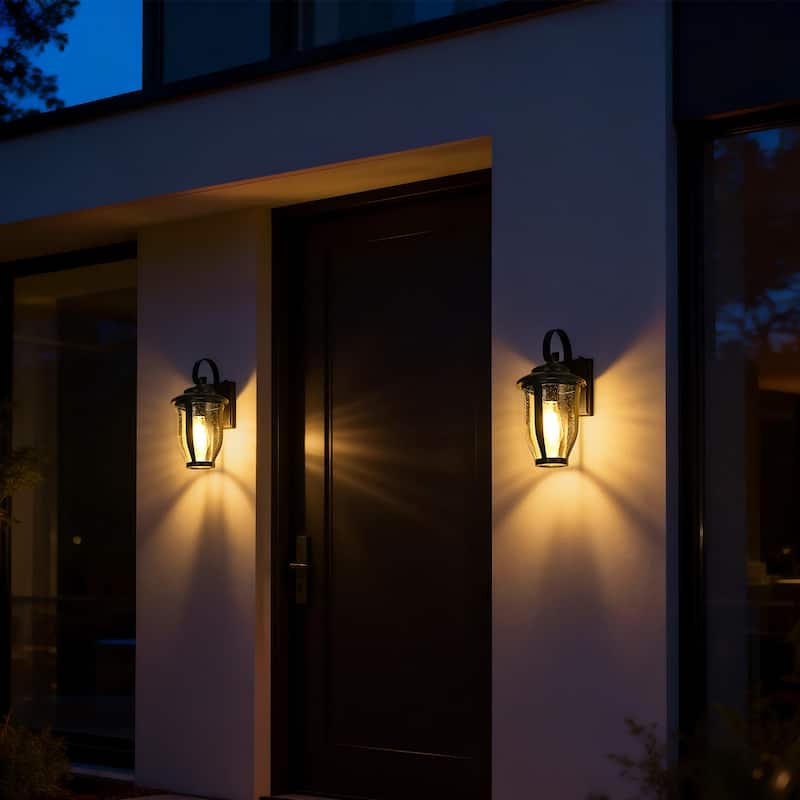 14 in. 1-Light Matte Black Dusk to Dawn Outdoor Wall Sconce with Clear Seeded Glass - E26, Wet Rated, Farmhouse Style