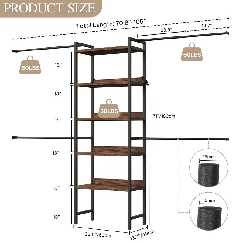 Adjustable Closet Organizer System with 4 Hanger Rods and 5-Tier Shelves for 6-9 Ft Space