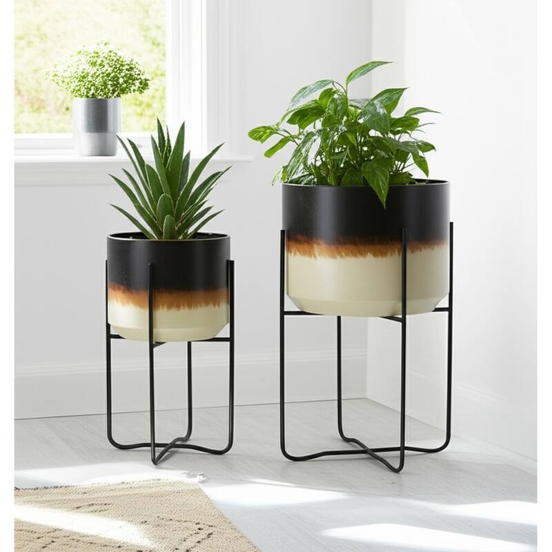 Metal Planters Sleek Modern Stands Decorative Accent Design (Set of 2)